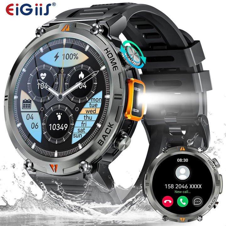 EIGIIS KE3 2025 Bluetooth Call Smartwatch for Men, Full Touch Screen Fitness Watch with Heart Rate Monitor & Flashlight
