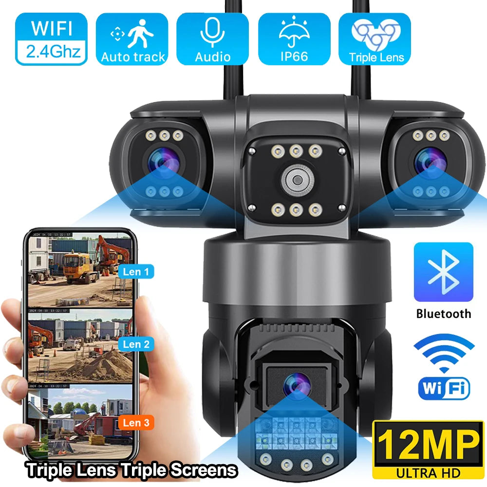 V380 Pro 12MP 6K Outdoor WiFi IP Camera – Triple Lens & Screen, Night Vision