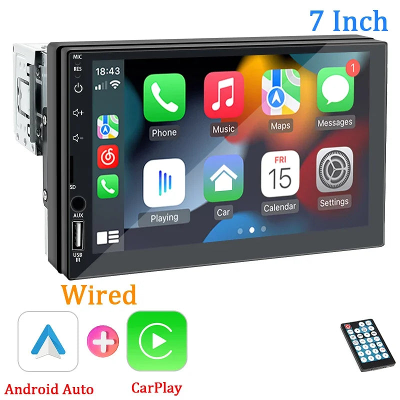 Hippcron 7" 1-DIN Car Stereo – CarPlay, Android Auto, Bluetooth, MP5 with Rear Camera Support