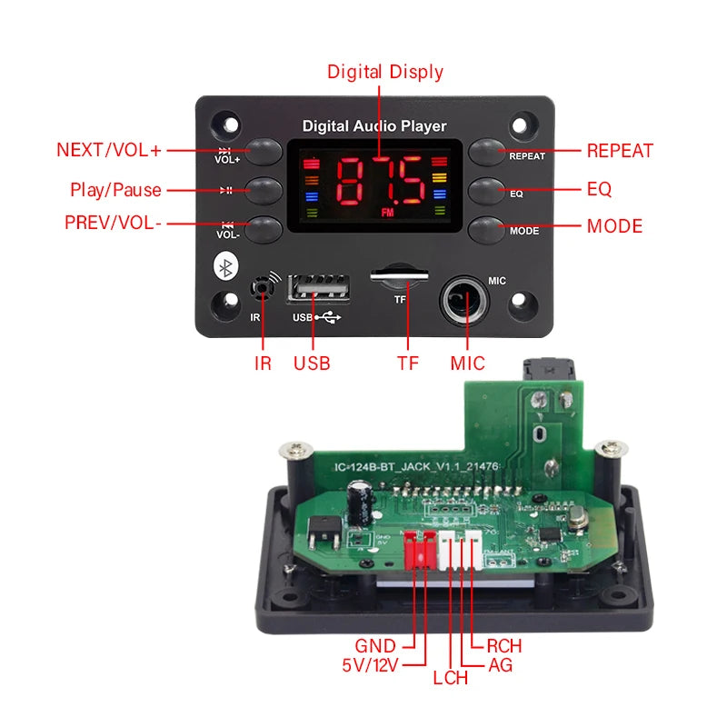 Bluetooth 5.0 MP3 Decoder Board – 5V/12V Audio Module with USB, TF, FM & Mic