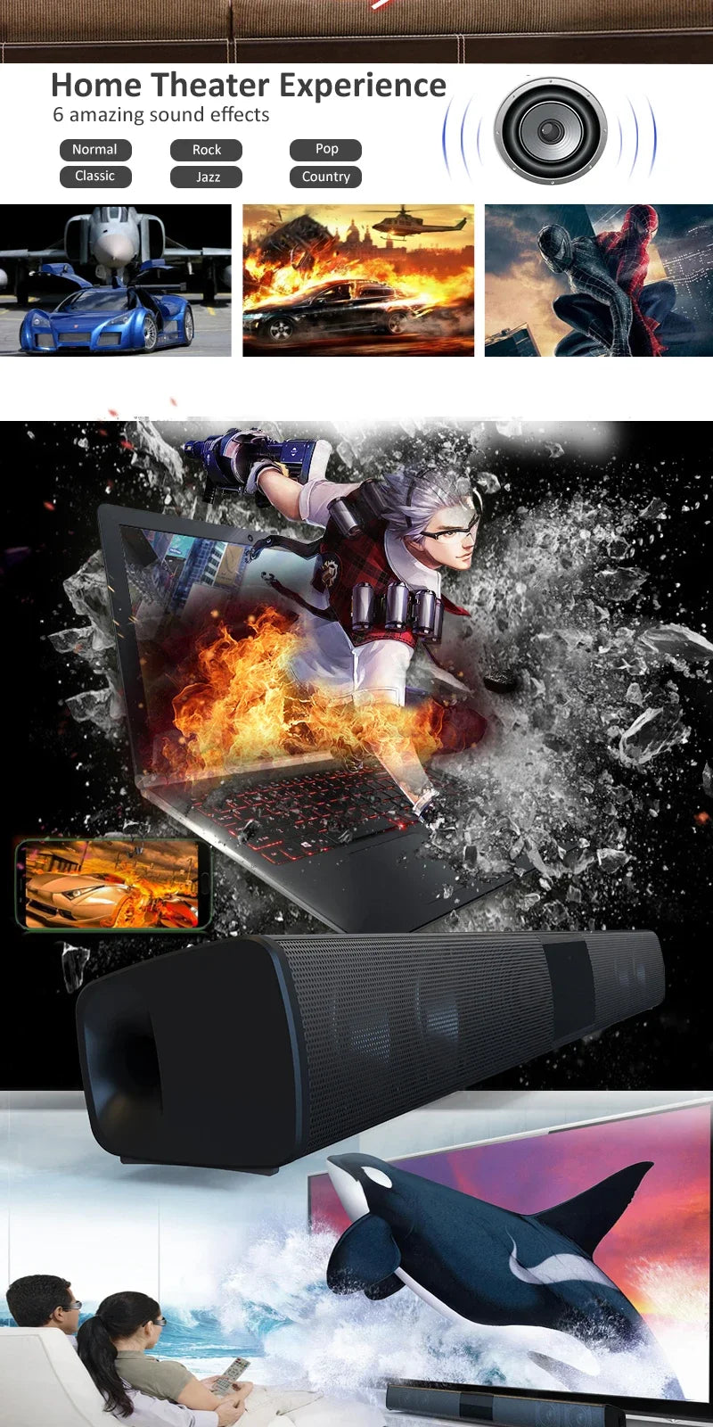 Super Powerful Wireless Bluetooth Sound Bar with Subwoofer & FM Radio