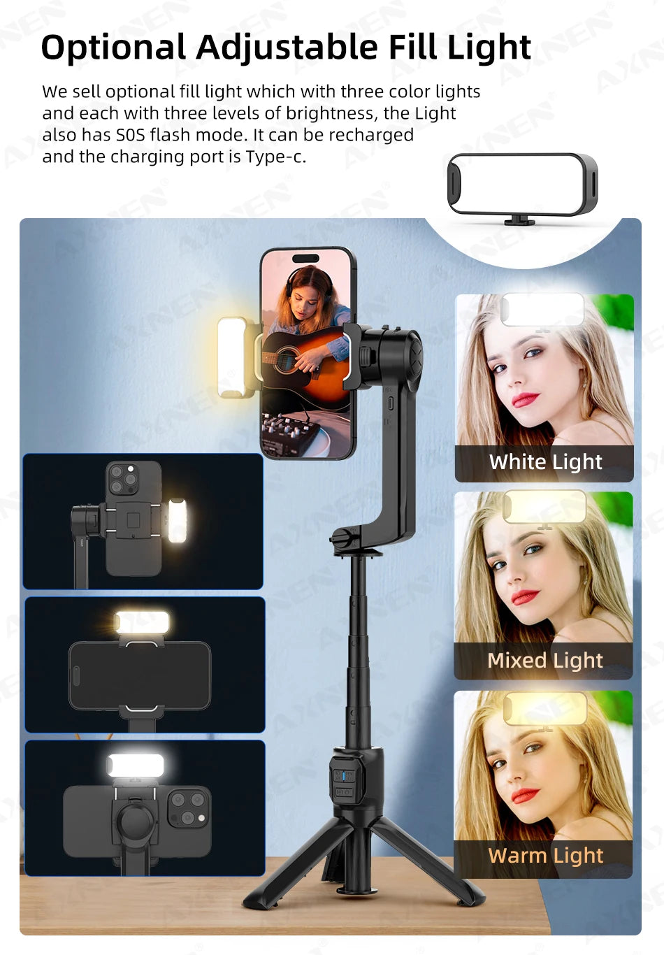 AXNEN HQ2 Series 3-Axis Handheld Gimbal Stabilizer for Smartphone & GoPro – Selfie Stick, Tripod & Extension Rod Combo