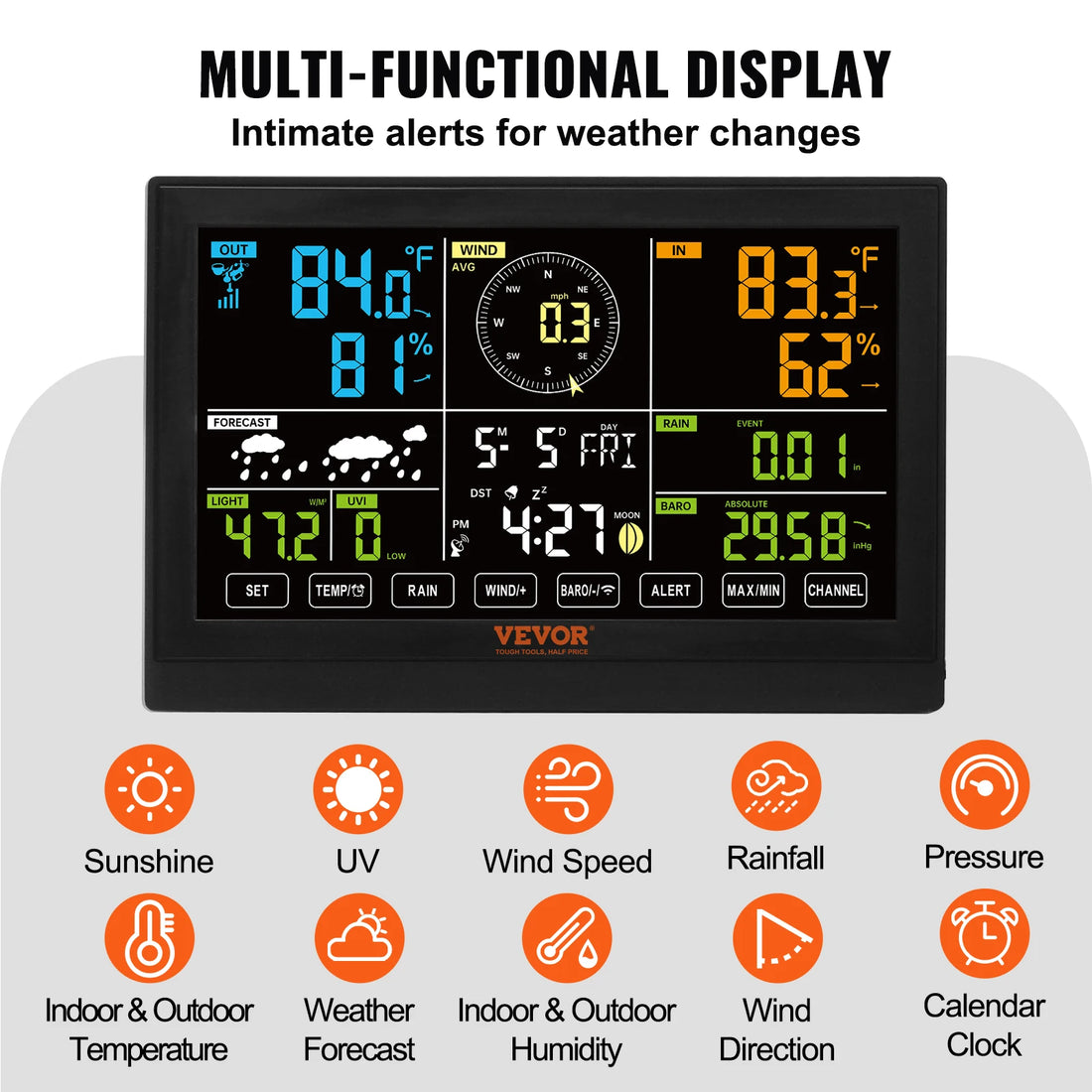 SucceBuy 7-in-1 Wireless Weather Station – 7.5” Large Color Display, Digital Home Forecast System with Alerts, No WiFi Required