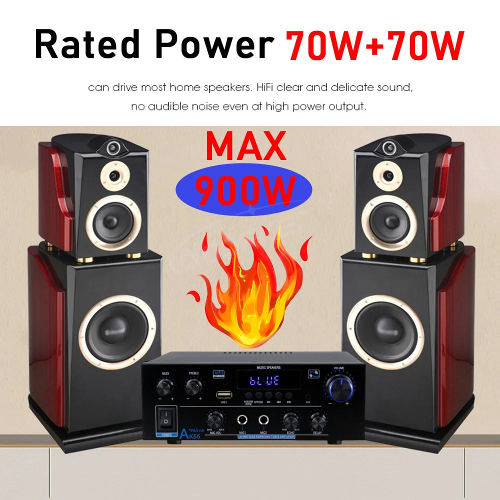 Woopker AK55 Bluetooth Amplifier – 2.0 Channel, 900W Max, HiFi Audio & Karaoke