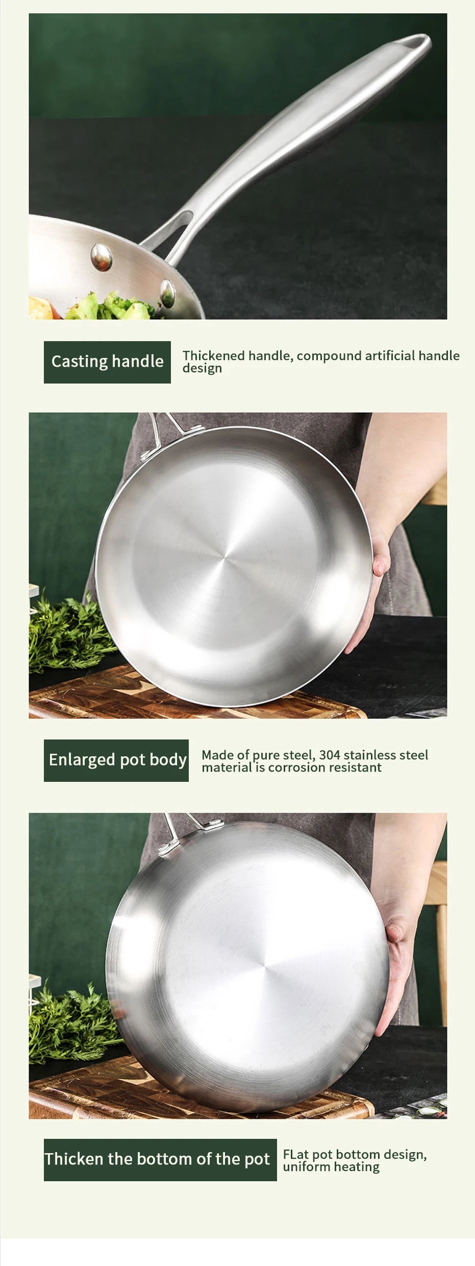 304 Stainless Steel Frying Pan – Uncoated Non-Stick Cookware for Gas & Induction Stoves