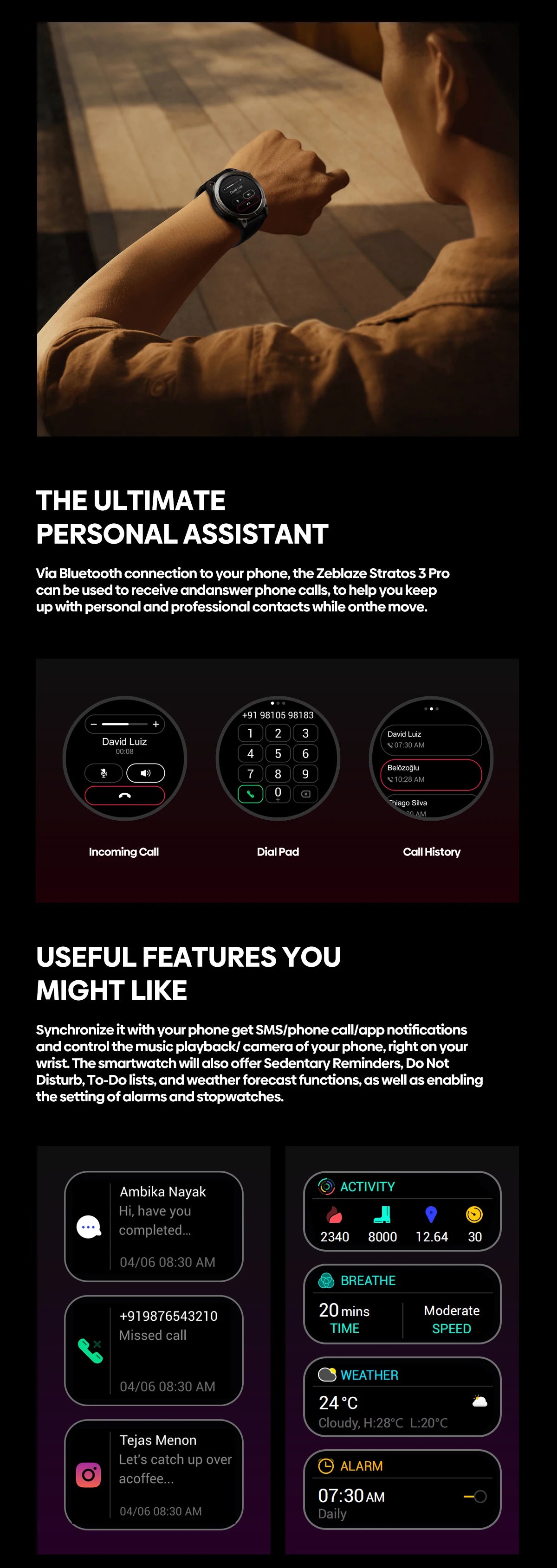 Zeblaze Stratos 3 PRO GPS Smartwatch – 1.43” HD AMOLED, Bluetooth Calls