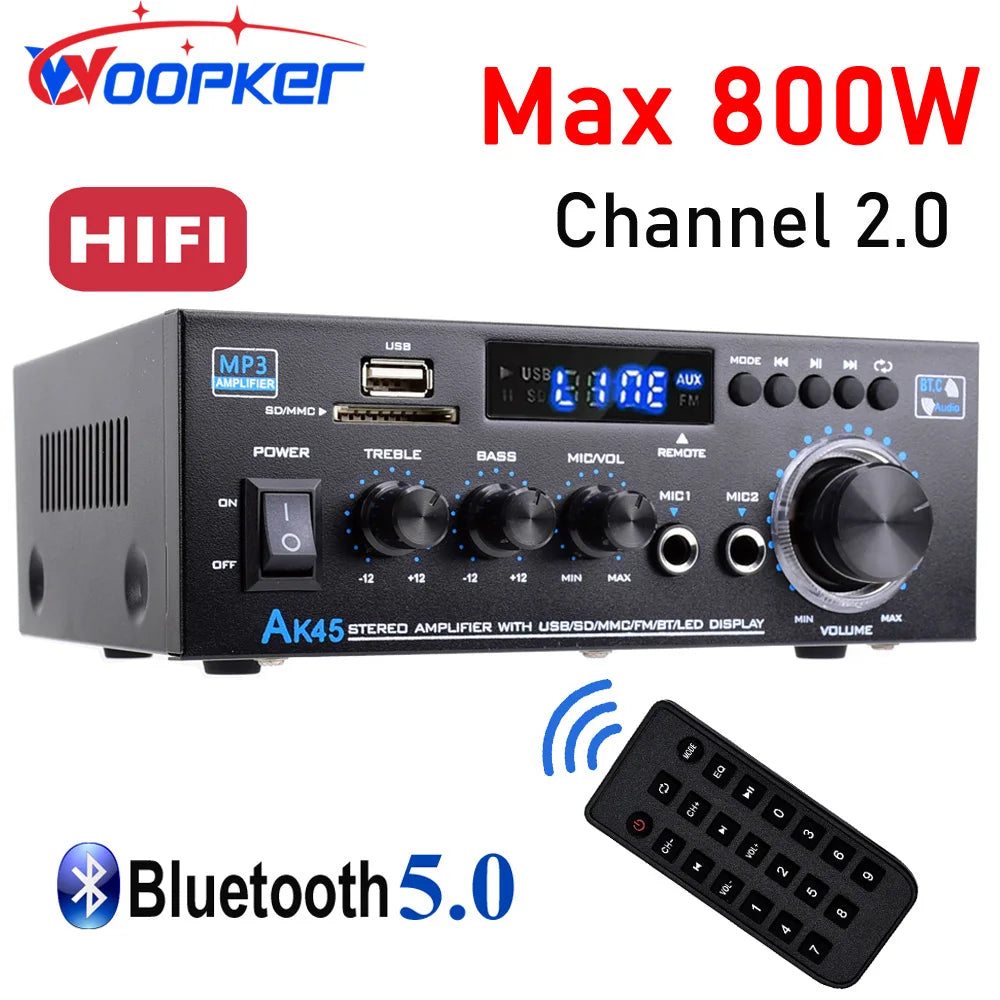 Woopker AK45 HiFi Bluetooth Amplifier – 2.0 Channel, 90Wx2, Home & Car Audio