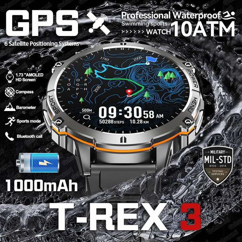 T-Rex 3 Military Grade Smartwatch – 1000mAh Battery, 10ATM Waterproof, GPS, AMOLED, Call Support
