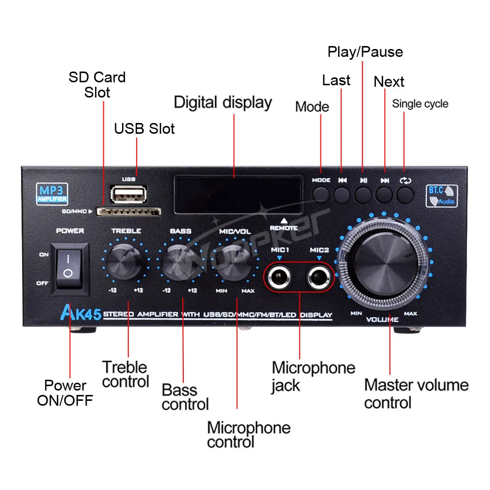 Woopker AK45 HiFi Bluetooth Amplifier – 2.0 Channel, 90Wx2, Home & Car Audio