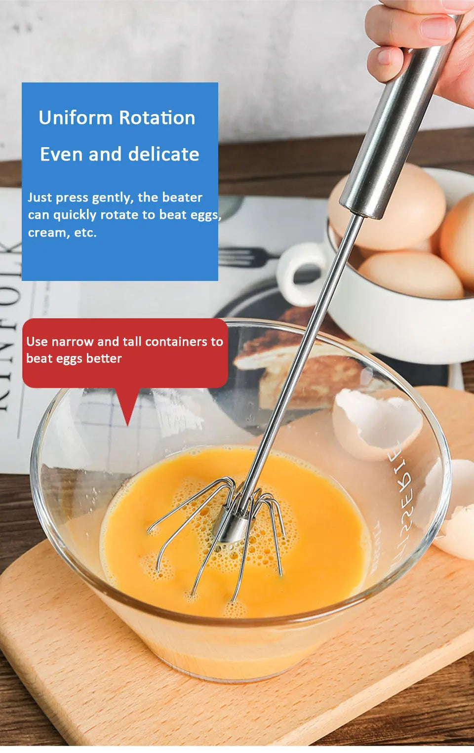 Semi-Automatic Egg Beater – Stainless Steel Hand Mixer Whisk for Cream, Batter & More