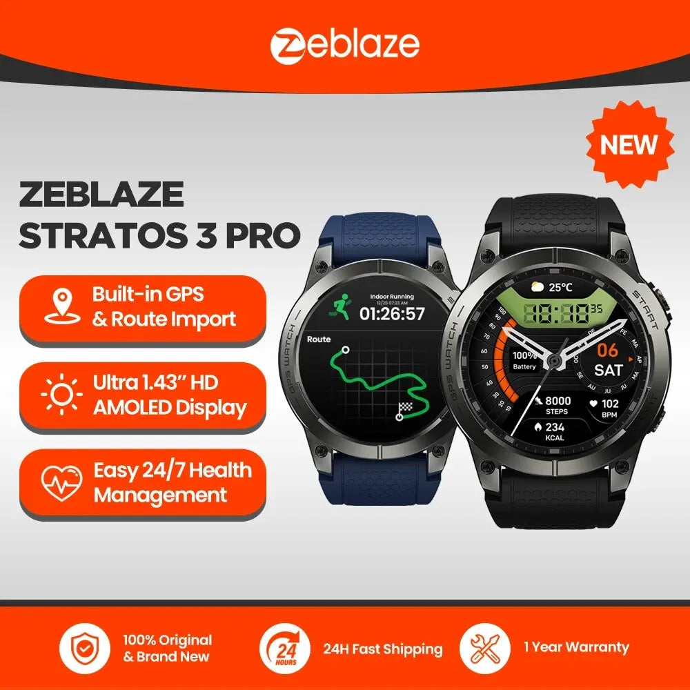 Zeblaze Stratos 3 PRO GPS Smartwatch – 1.43” HD AMOLED, Bluetooth Calls