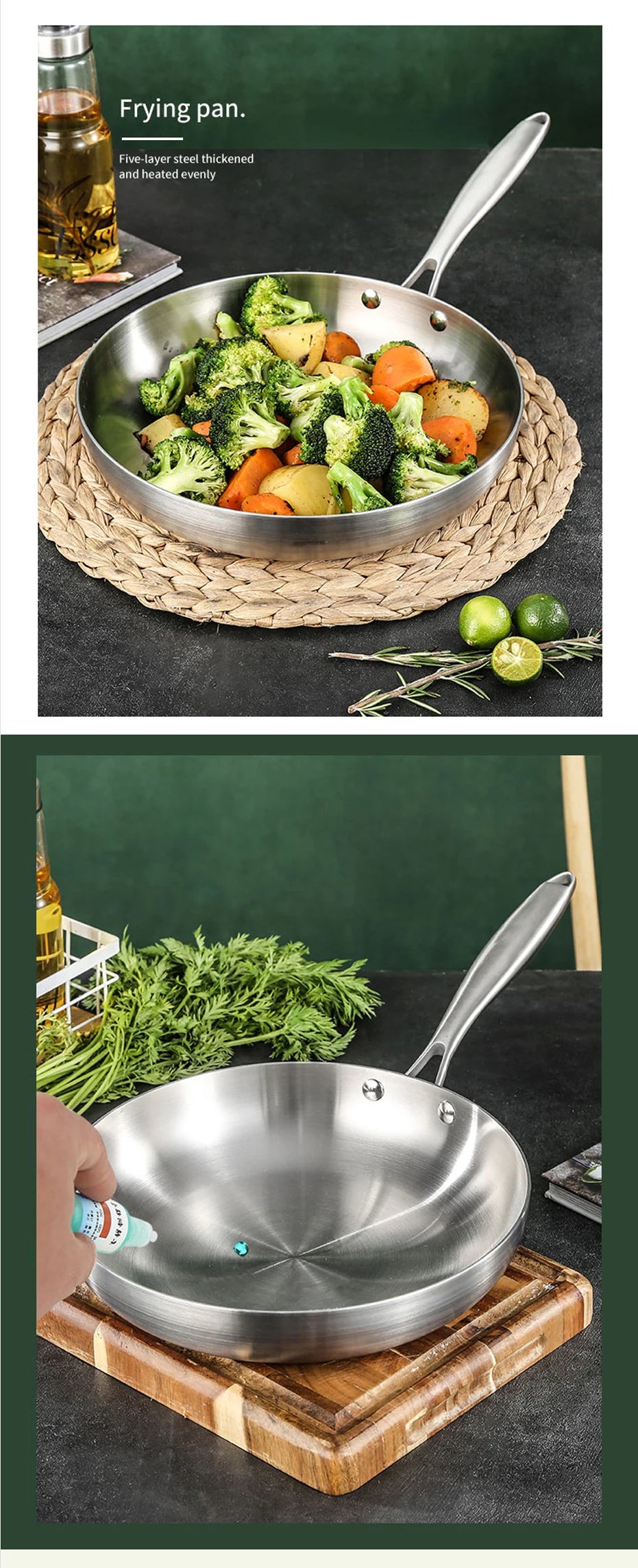 304 Stainless Steel Frying Pan – Uncoated Non-Stick Cookware for Gas & Induction Stoves