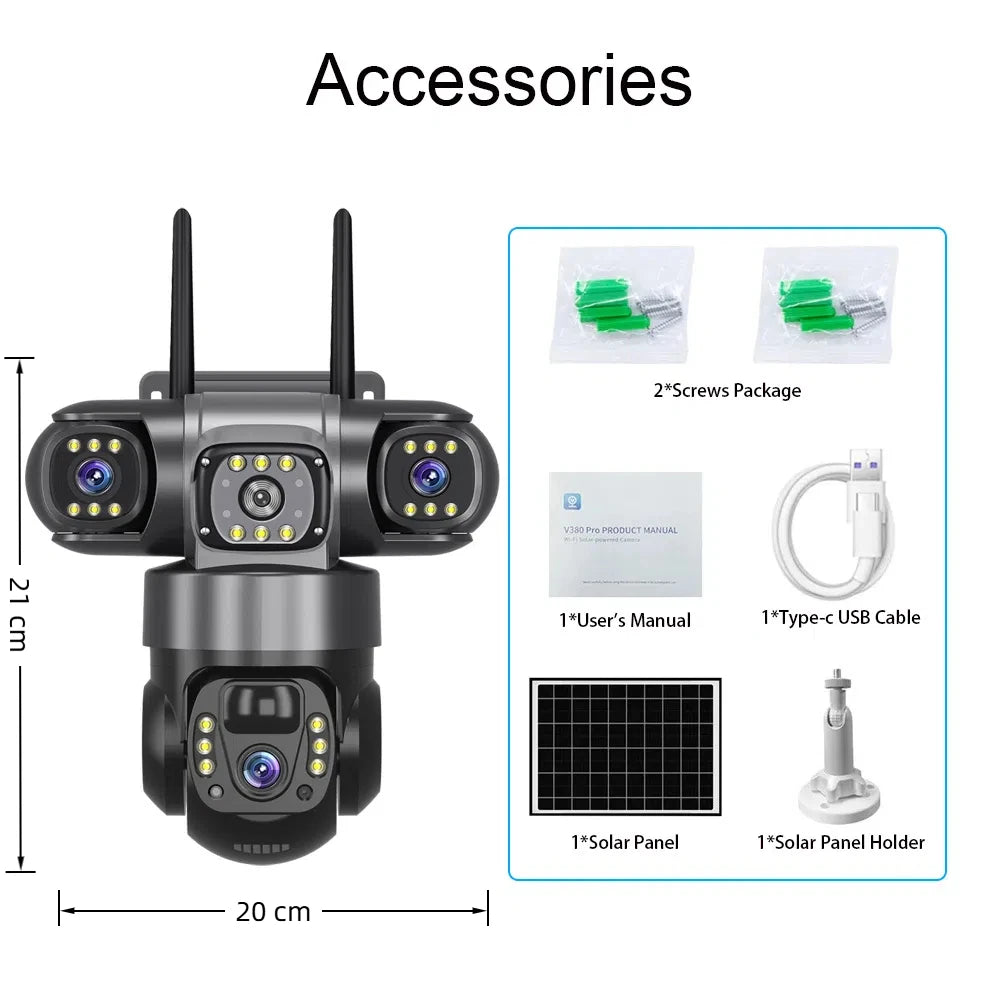 Solar 4G Sim Outdoor Camera – 3 Lens & Screen, 10X Zoom, PIR Human Detection