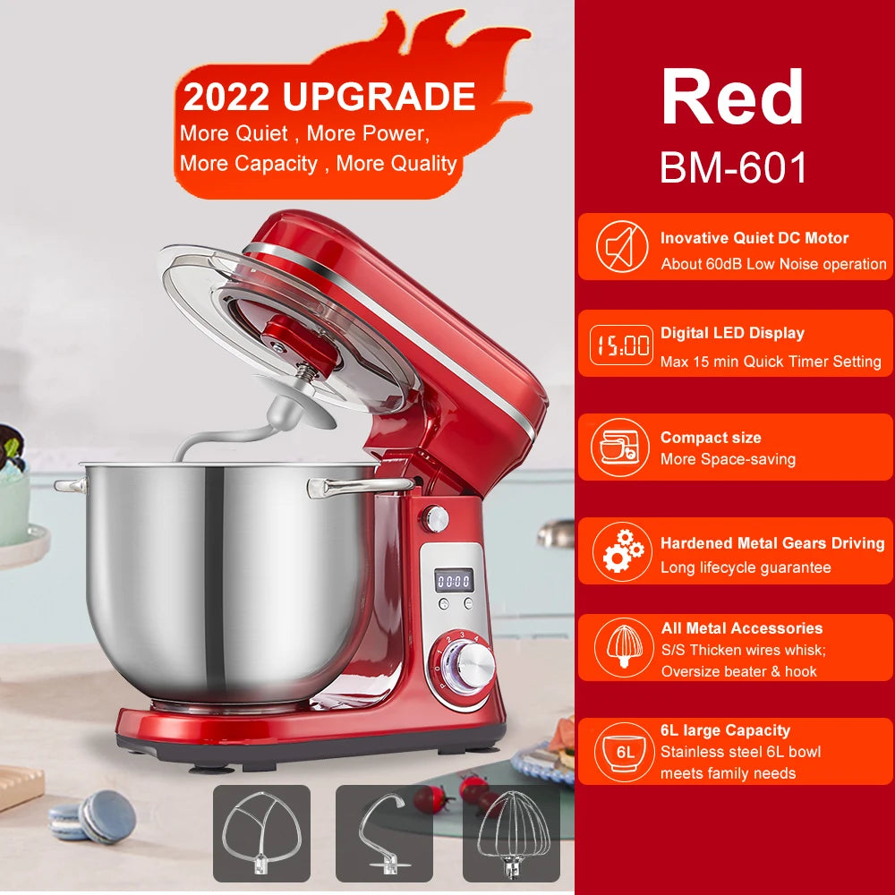BioloMix 1200W Stand Mixer – 6L Bowl, 6-Speed, Dough & Whisk Attachments