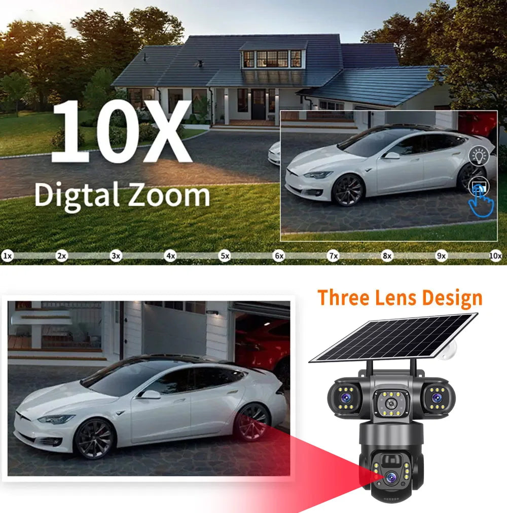 Solar 4G Sim Outdoor Camera – 3 Lens & Screen, 10X Zoom, PIR Human Detection