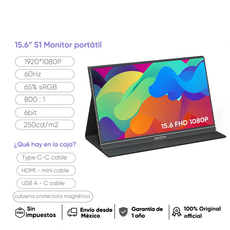 Arzopa 15.6" FHD Portable Monitor – 1080P HDMI/USB Display for Laptop, PC, Console