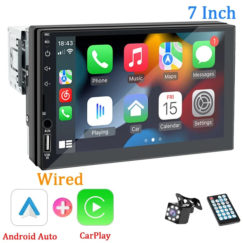 Hippcron 7" 1-DIN Car Stereo – CarPlay, Android Auto, Bluetooth, MP5 with Rear Camera Support