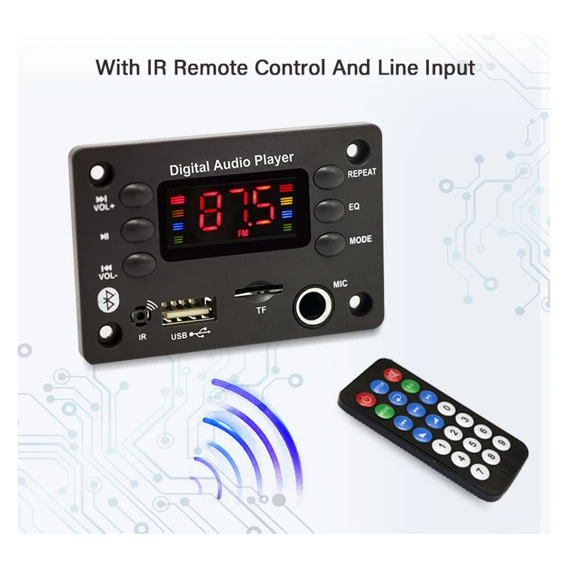 Bluetooth 5.0 MP3 Decoder Board – 5V/12V Audio Module with USB, TF, FM & Mic