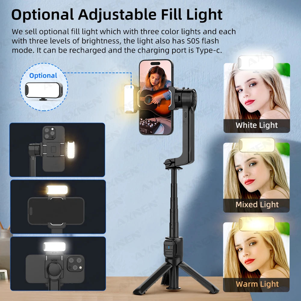 AXNEN HQ2 Series 3-Axis Handheld Gimbal Stabilizer for Smartphone & GoPro – Selfie Stick, Tripod & Extension Rod Combo