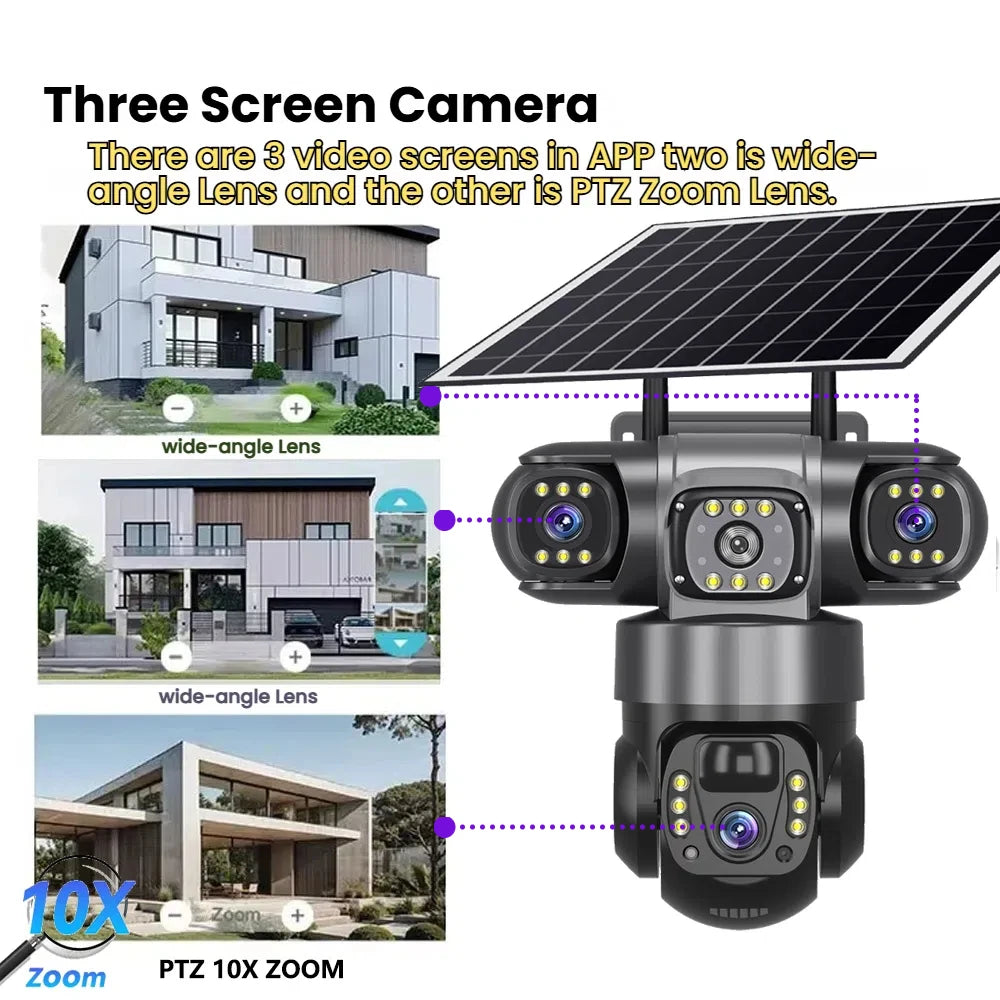 Solar 4G Sim Outdoor Camera – 3 Lens & Screen, 10X Zoom, PIR Human Detection