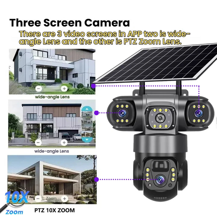 Solar 4G Sim Outdoor Camera – 3 Lens & Screen, 10X Zoom, PIR Human Detection