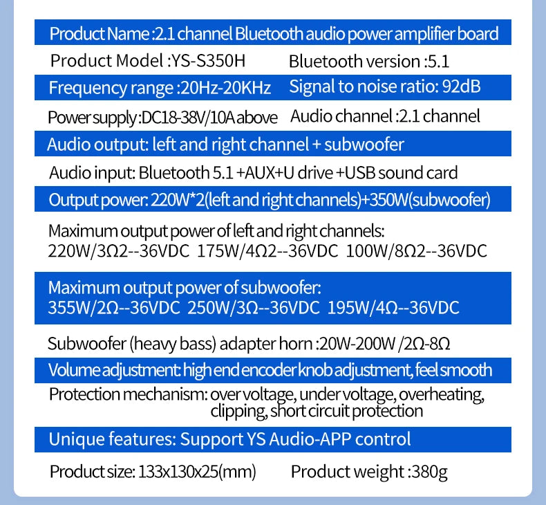 YS-S350H 2.1 Channel Bluetooth 5.1 Amplifier – TPA3251, 220W×2 + 350W Sub Output