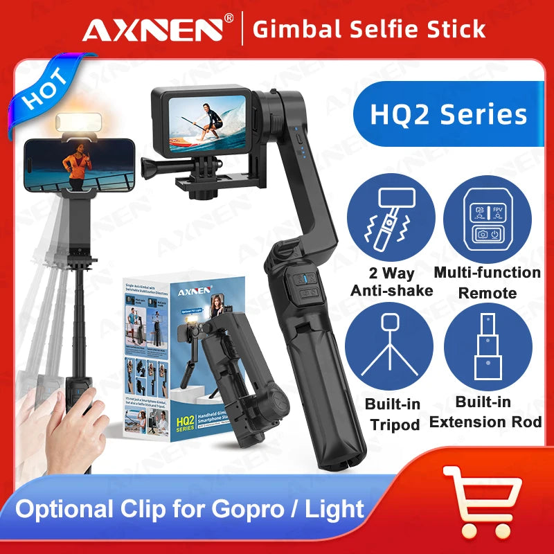 AXNEN HQ2 Series 3-Axis Handheld Gimbal Stabilizer for Smartphone & GoPro – Selfie Stick, Tripod & Extension Rod Combo