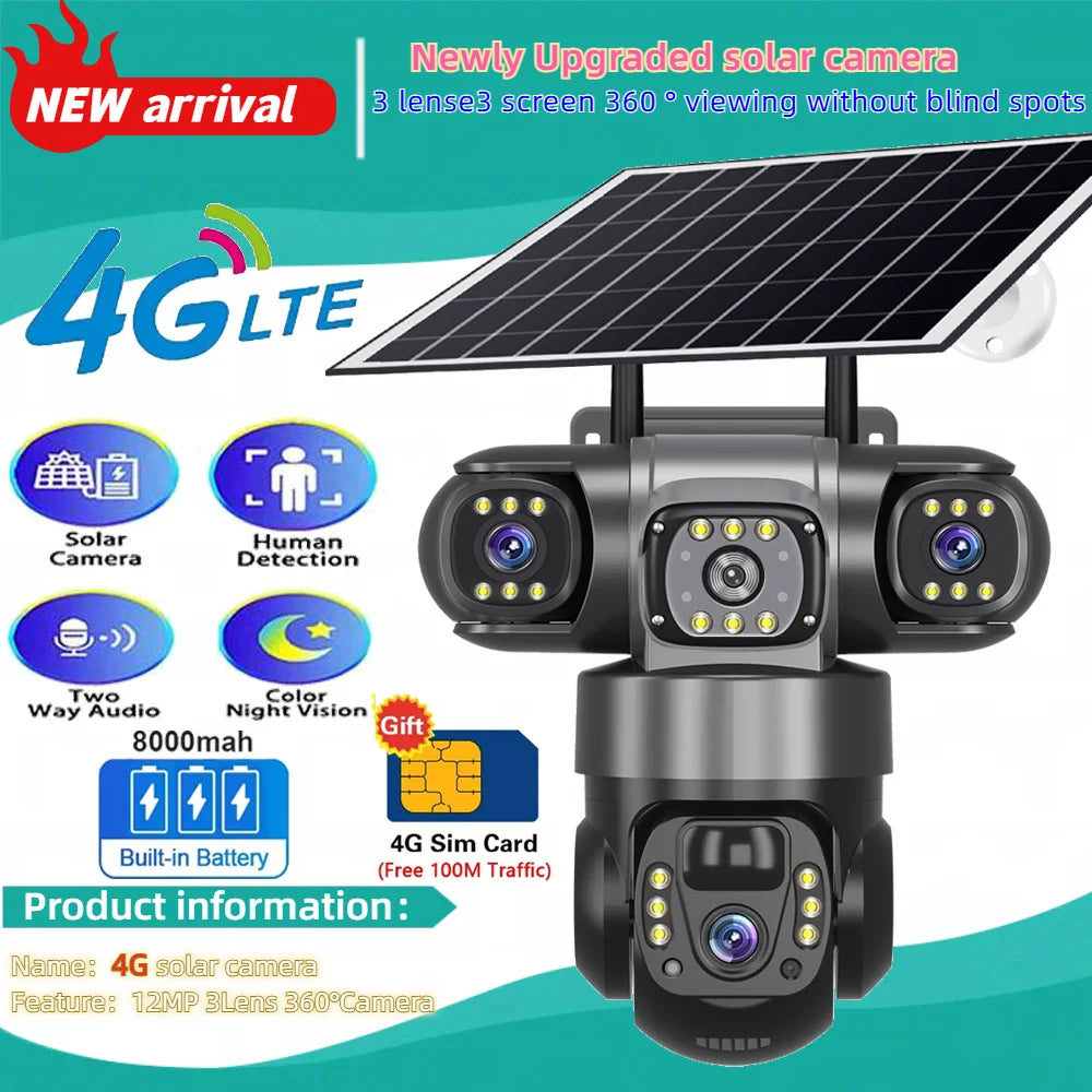 Solar 4G Sim Outdoor Camera – 3 Lens & Screen, 10X Zoom, PIR Human Detection