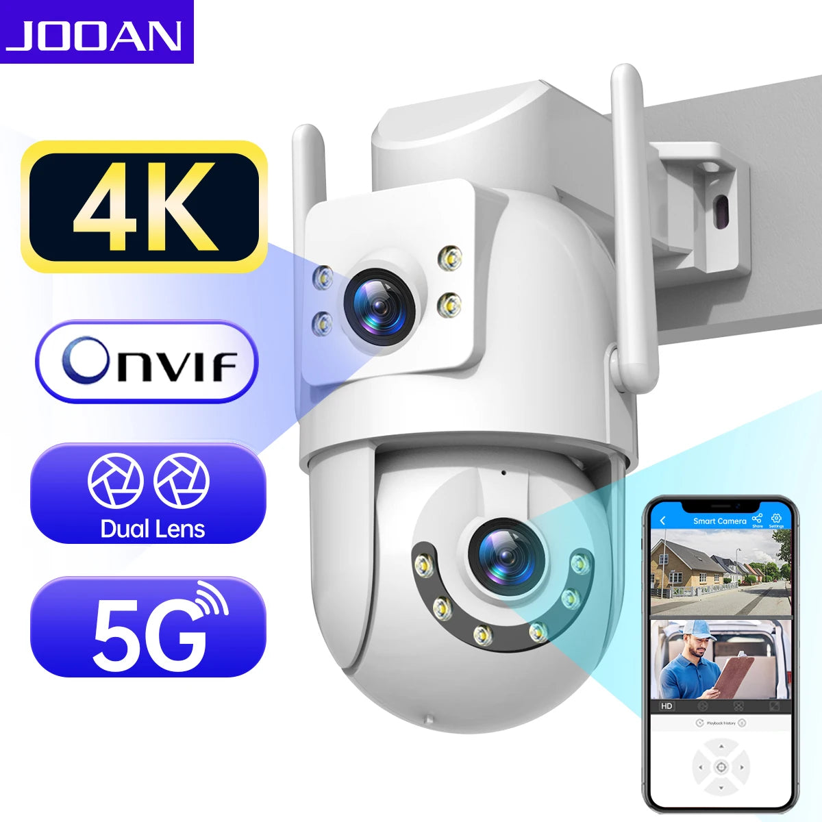 Jooan 4K 8MP Dual-Lens Outdoor WiFi PTZ Security Camera – 5X Zoom, 5G WiFi, AI Auto Tracking, ONVIF, Night Vision, CCTV IP Camera