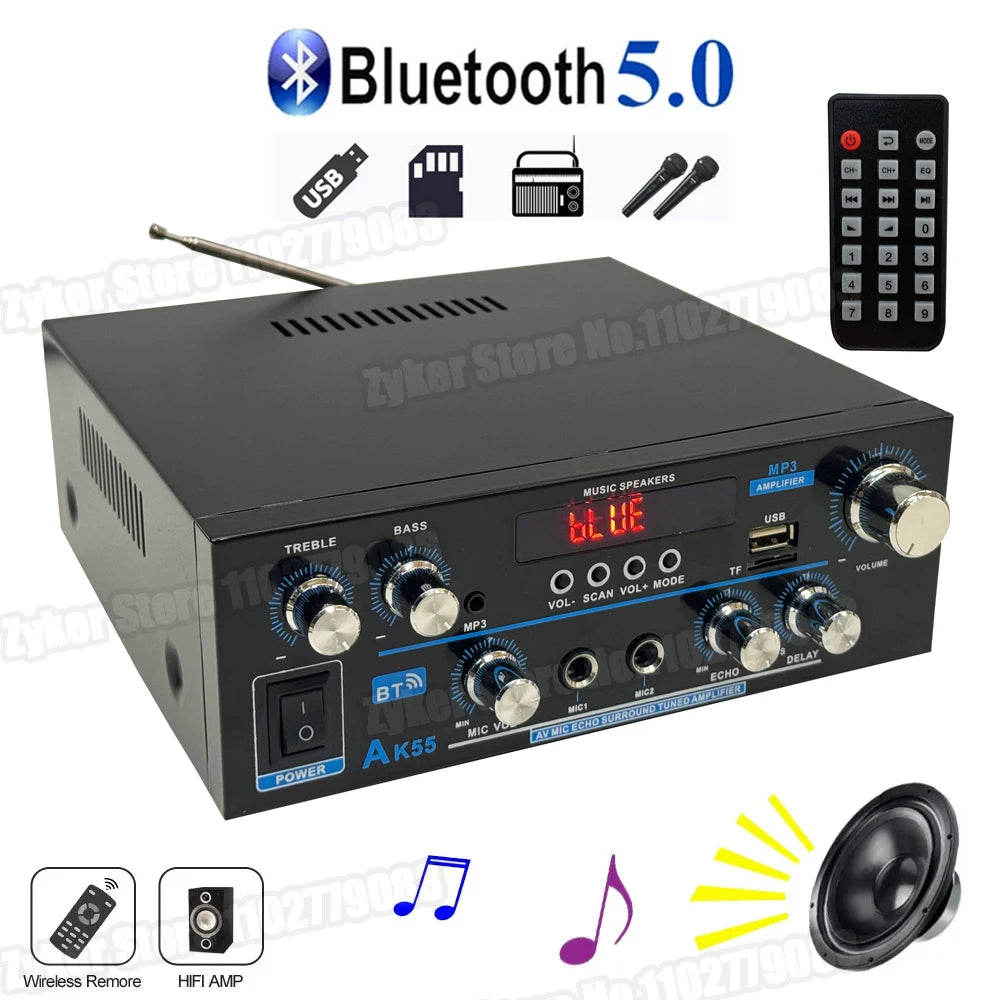 AK55 HiFi Bluetooth Amplifier – 2.0 Channel, 90W×2, Home/Car Audio
