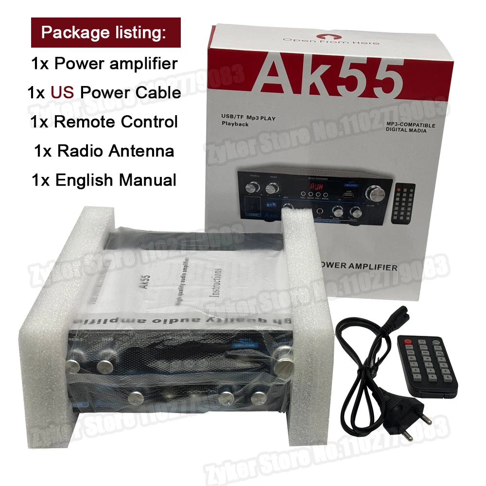 AK55 HiFi Bluetooth Amplifier – 2.0 Channel, 90W×2, Home/Car Audio