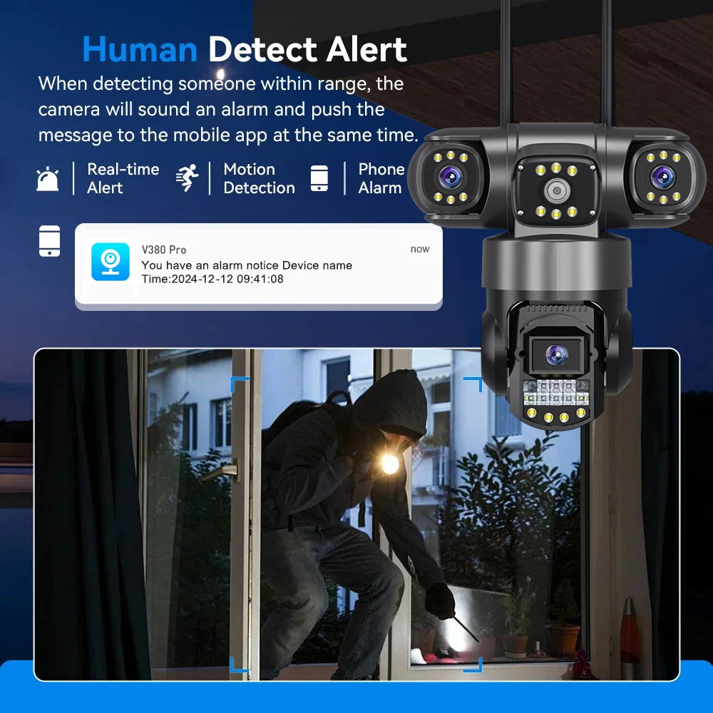 V380 Pro 12MP 6K Outdoor WiFi IP Camera – Triple Lens & Screen, Night Vision