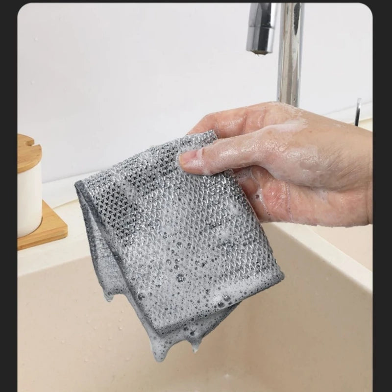 10pcs Magic Dishcloth Silver Wire Cleaning Kitchen Cloth Thickened Microfiber Wash Towel Built-in Sponge Steel Wire Ball Rag