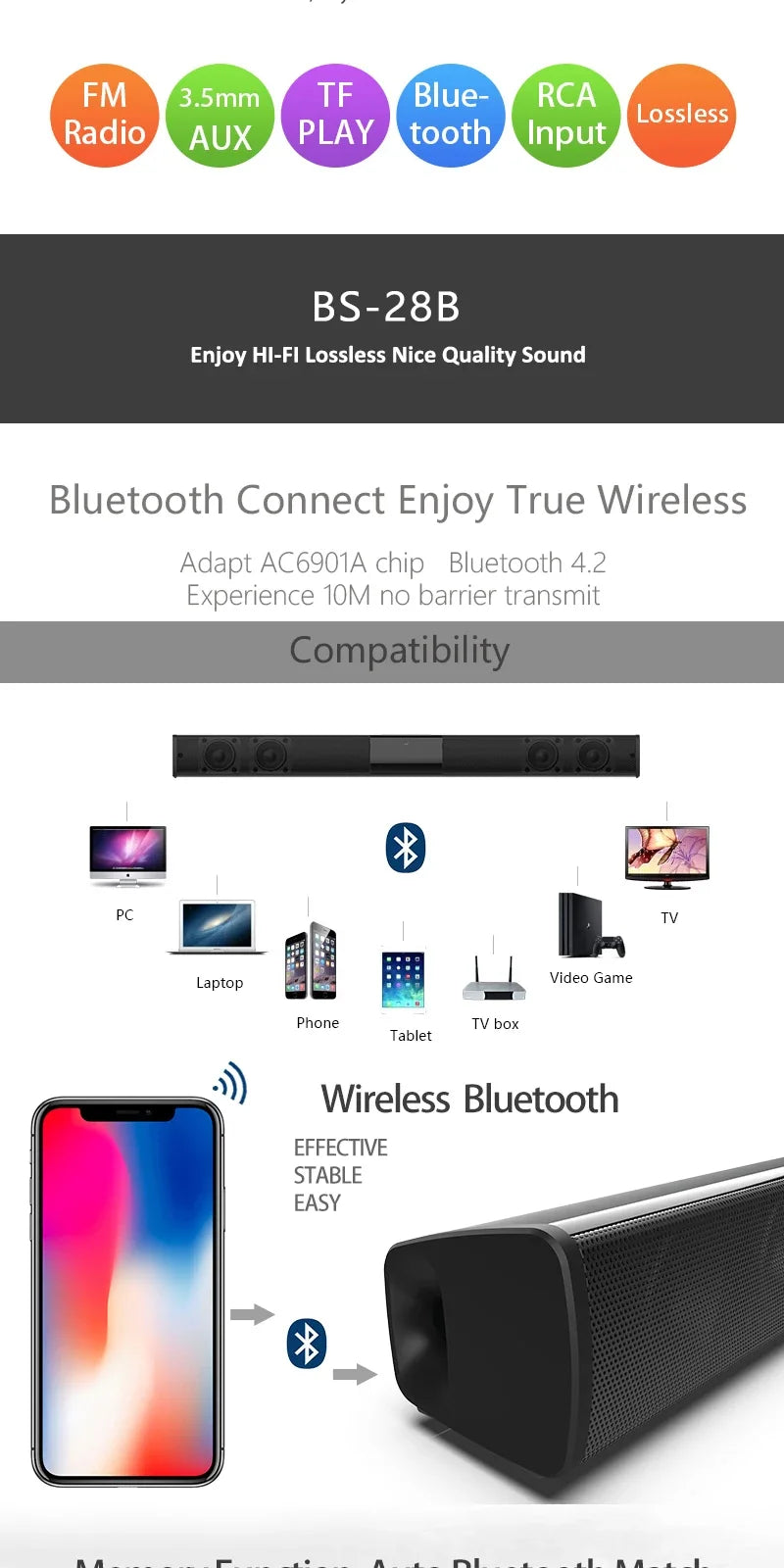 Super Powerful Wireless Bluetooth Sound Bar with Subwoofer & FM Radio
