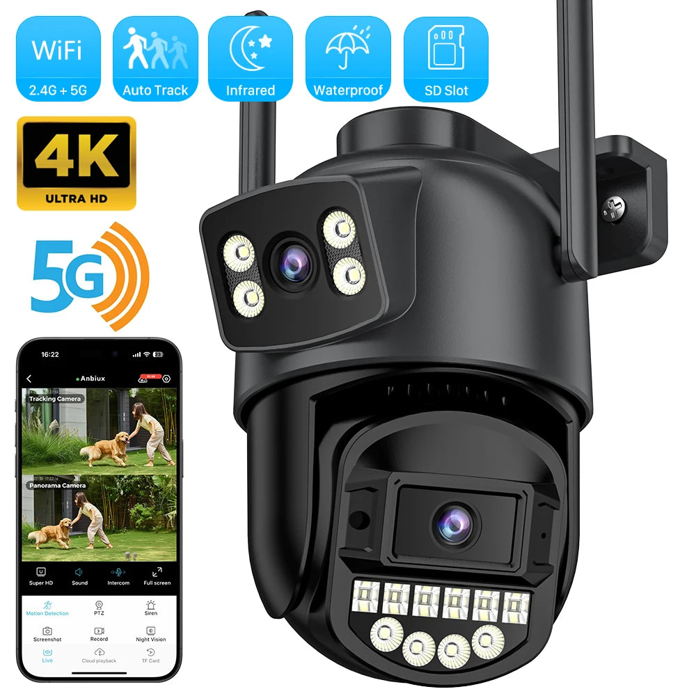 5K Dual-Lens Outdoor PTZ WiFi Camera – 10MP HD AI Tracking CCTV with Audio