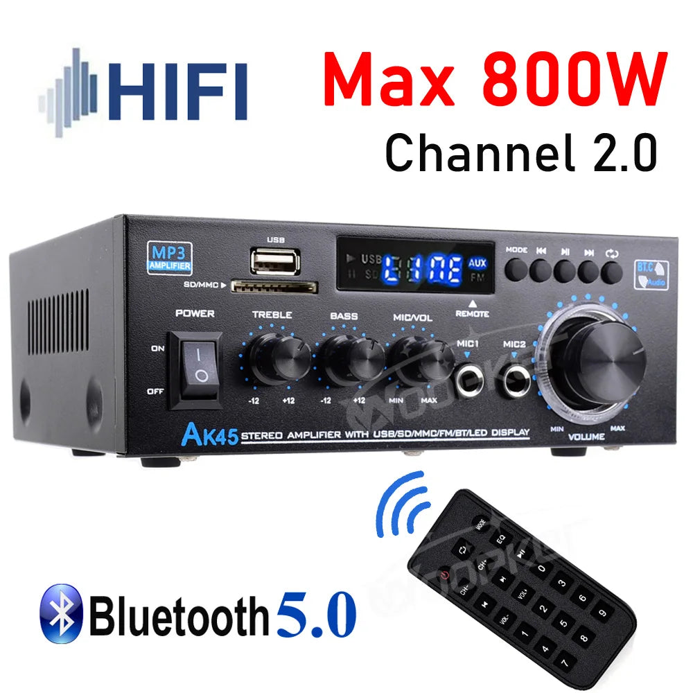Woopker AK45 HiFi Bluetooth Amplifier – 2.0 Channel, 90Wx2, Home & Car Audio