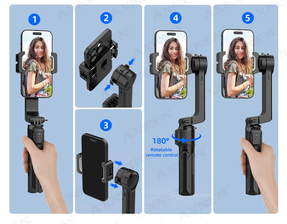 AXNEN HQ2 Series 3-Axis Handheld Gimbal Stabilizer for Smartphone & GoPro – Selfie Stick, Tripod & Extension Rod Combo