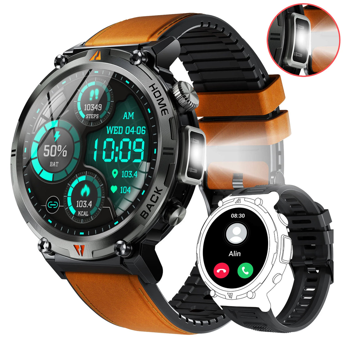 EIGIIS KE3 2025 Bluetooth Call Smartwatch for Men, Full Touch Screen Fitness Watch with Heart Rate Monitor & Flashlight