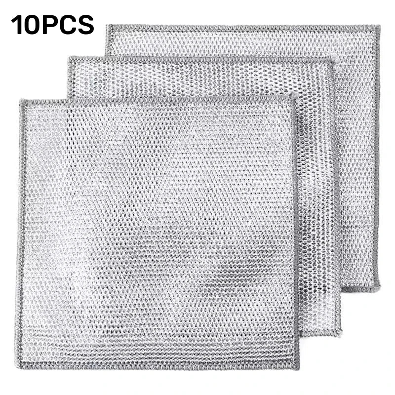 10pcs Magic Dishcloth Silver Wire Cleaning Kitchen Cloth Thickened Microfiber Wash Towel Built-in Sponge Steel Wire Ball Rag
