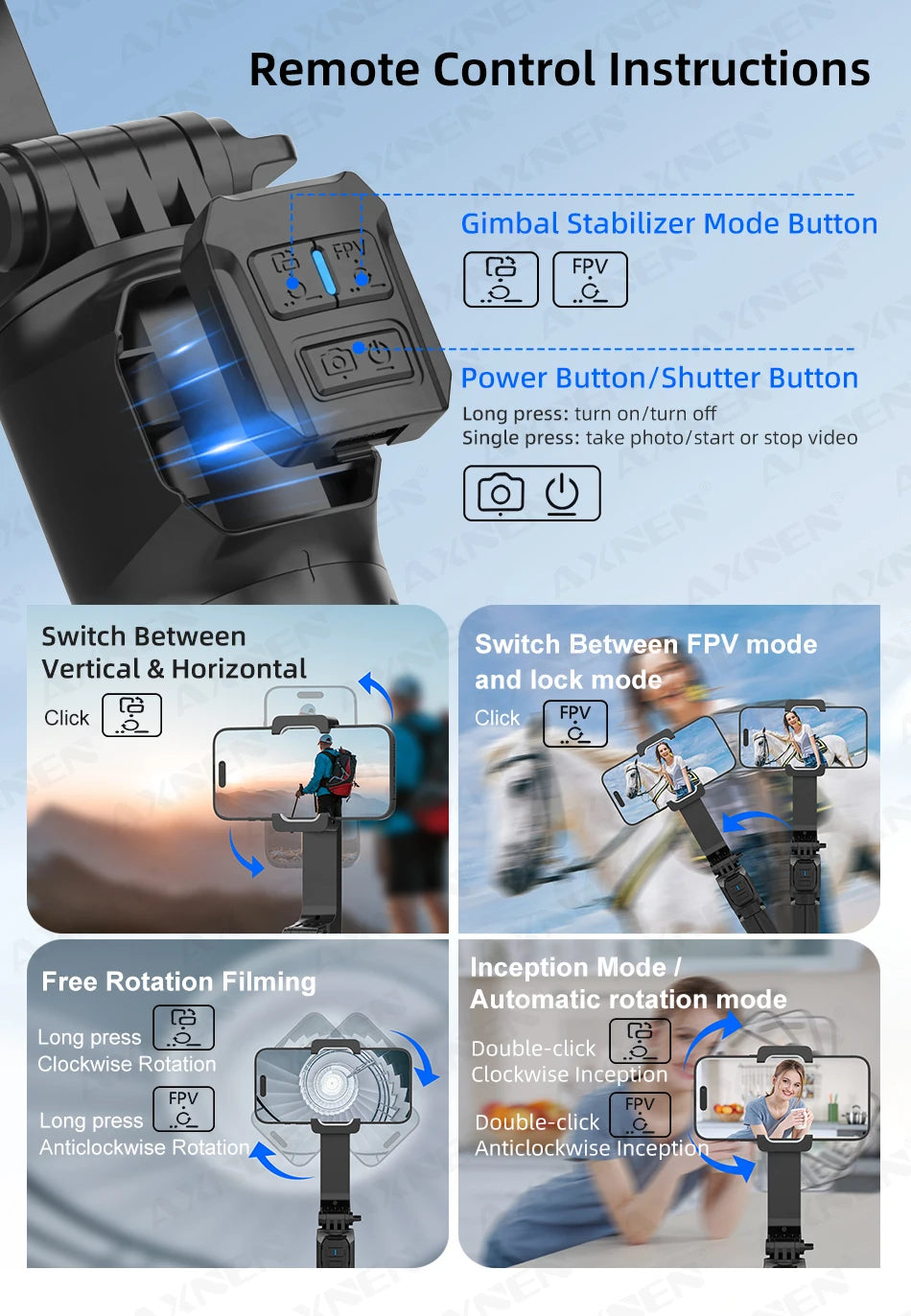 AXNEN HQ2 Series 3-Axis Handheld Gimbal Stabilizer for Smartphone & GoPro – Selfie Stick, Tripod & Extension Rod Combo