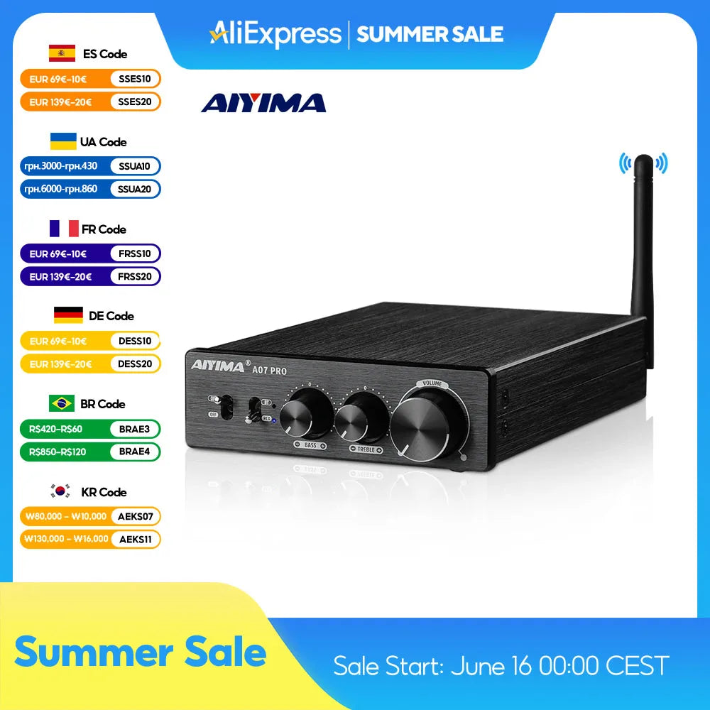 AIYIMA A07 PRO Bluetooth Stereo Amplifier – TPA3255, 300W x2, aptX Support