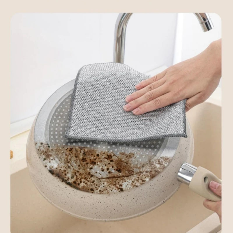 10pcs Magic Dishcloth Silver Wire Cleaning Kitchen Cloth Thickened Microfiber Wash Towel Built-in Sponge Steel Wire Ball Rag