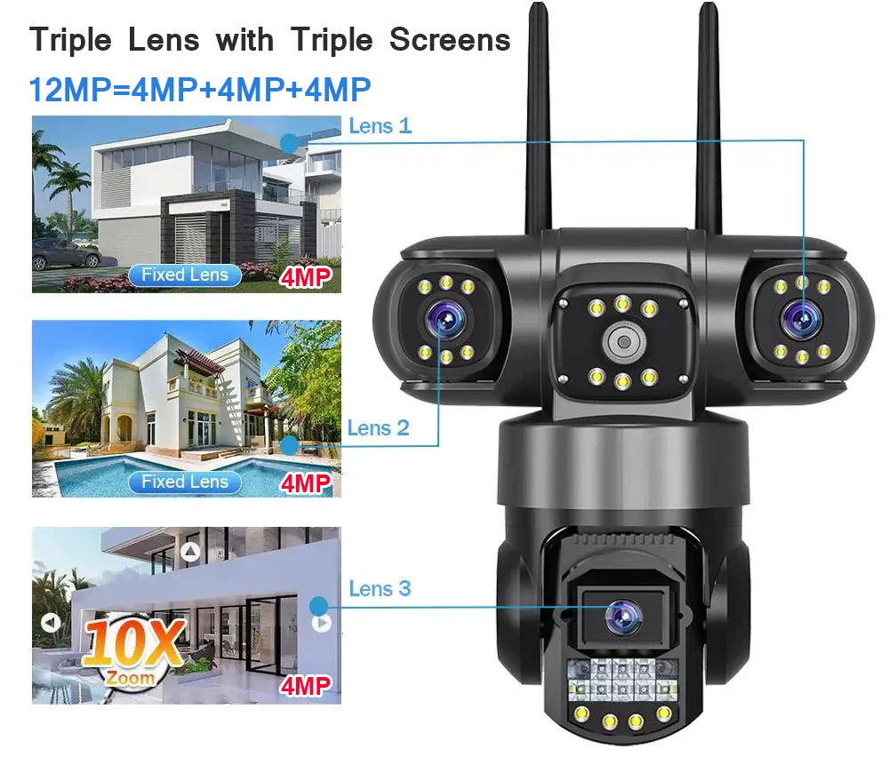 V380 Pro 12MP 6K Outdoor WiFi IP Camera – Triple Lens & Screen, Night Vision