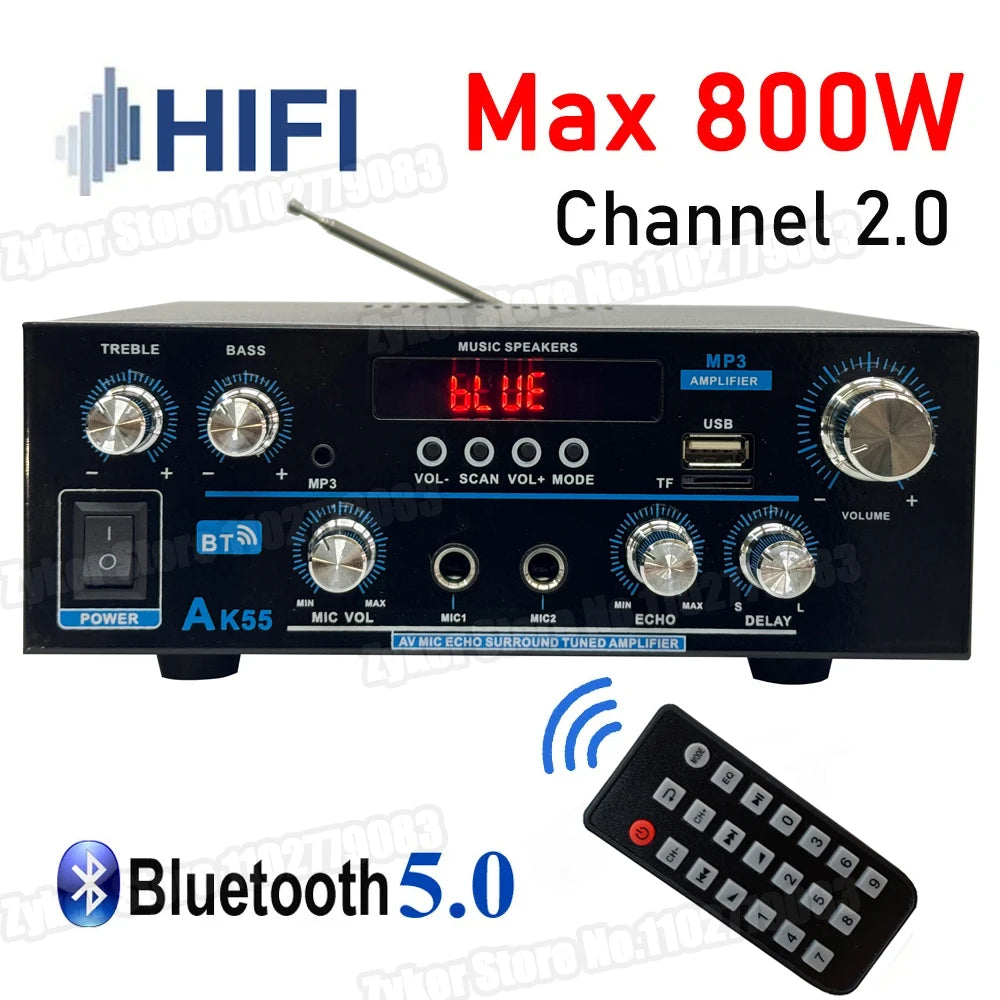 AK55 HiFi Bluetooth Amplifier – 2.0 Channel, 90W×2, Home/Car Audio