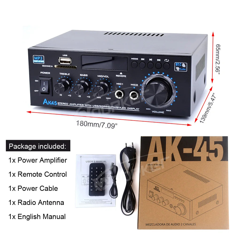 Woopker AK45 HiFi Bluetooth Amplifier – 2.0 Channel, 90Wx2, Home & Car Audio