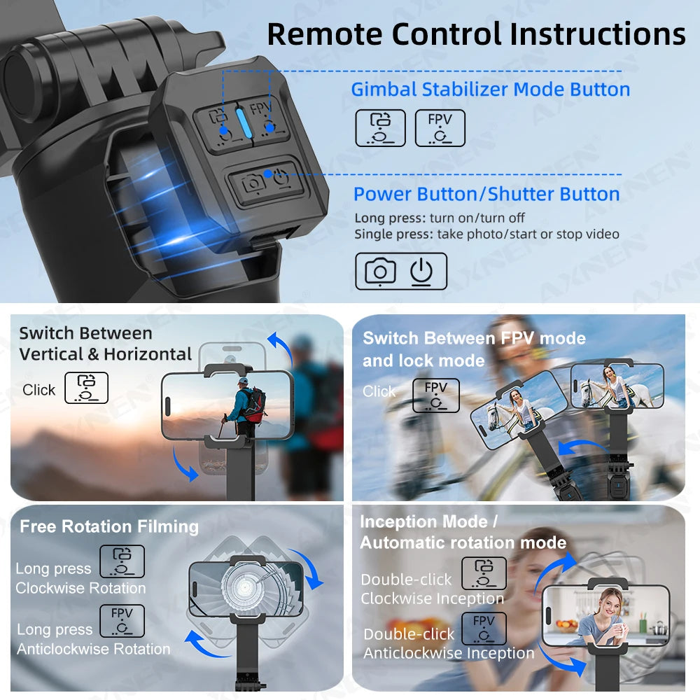 AXNEN HQ2 Series 3-Axis Handheld Gimbal Stabilizer for Smartphone & GoPro – Selfie Stick, Tripod & Extension Rod Combo