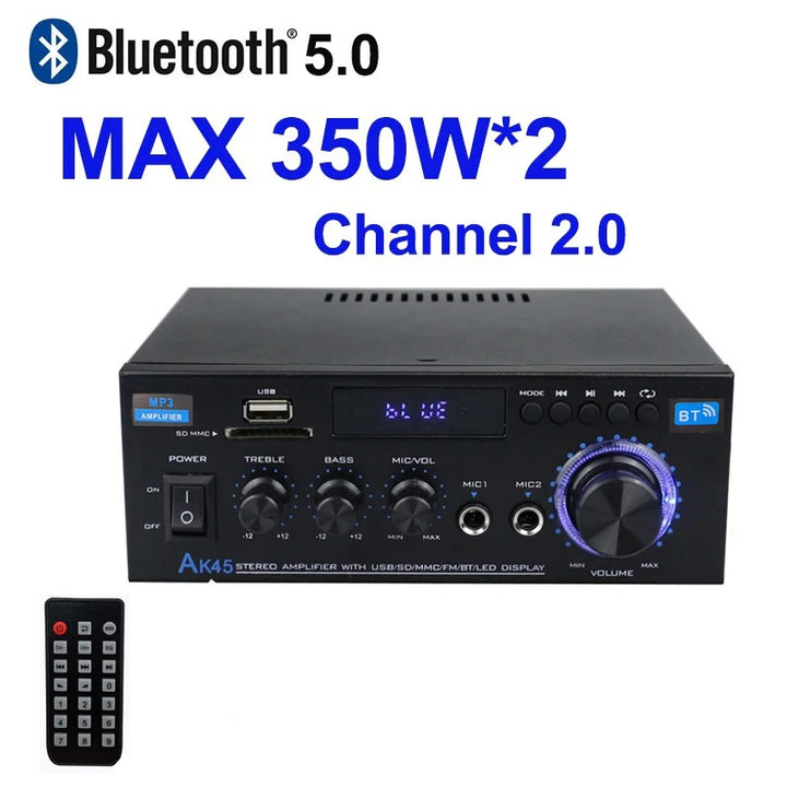 AK45 HiFi Bluetooth Audio Amplifier – 2.0 Channel Stereo AMP, 350W×2 for Home & Car