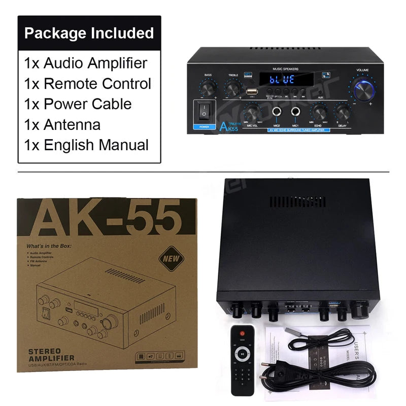 Woopker AK55 Bluetooth Amplifier – 2.0 Channel, 900W Max, HiFi Audio & Karaoke