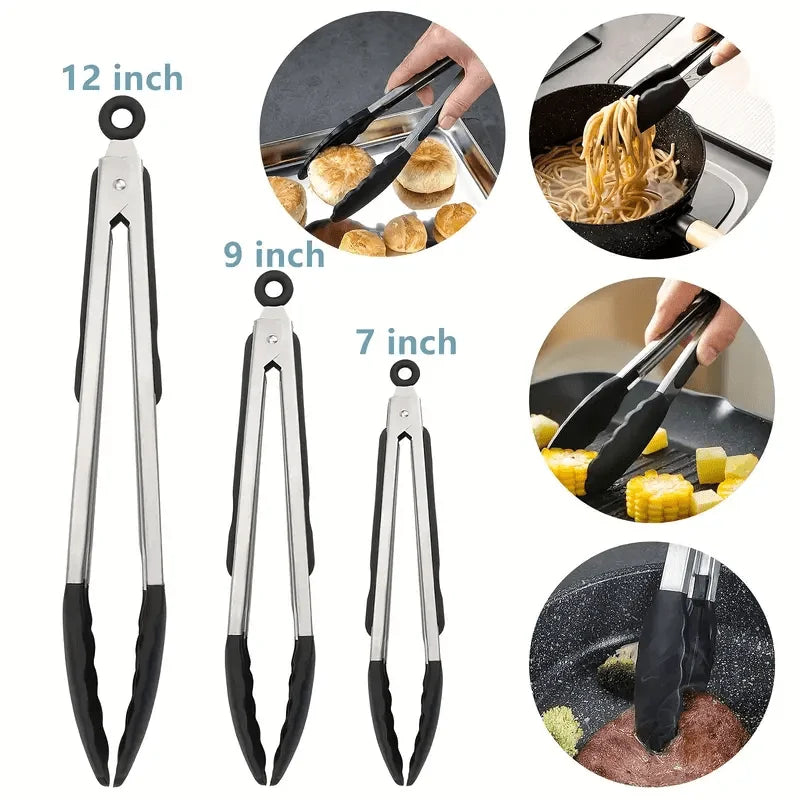 3 Size Available Heavy Duty Stainless Steel Kitchen Tongs with Silicone Tips High Heat Resistant Locking Design Secure Grip
