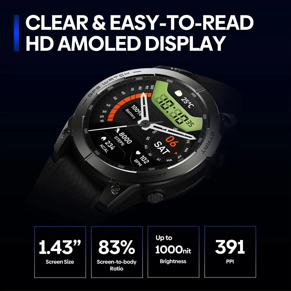 Zeblaze Stratos 3 PRO GPS Smartwatch – 1.43” HD AMOLED, Bluetooth Calls
